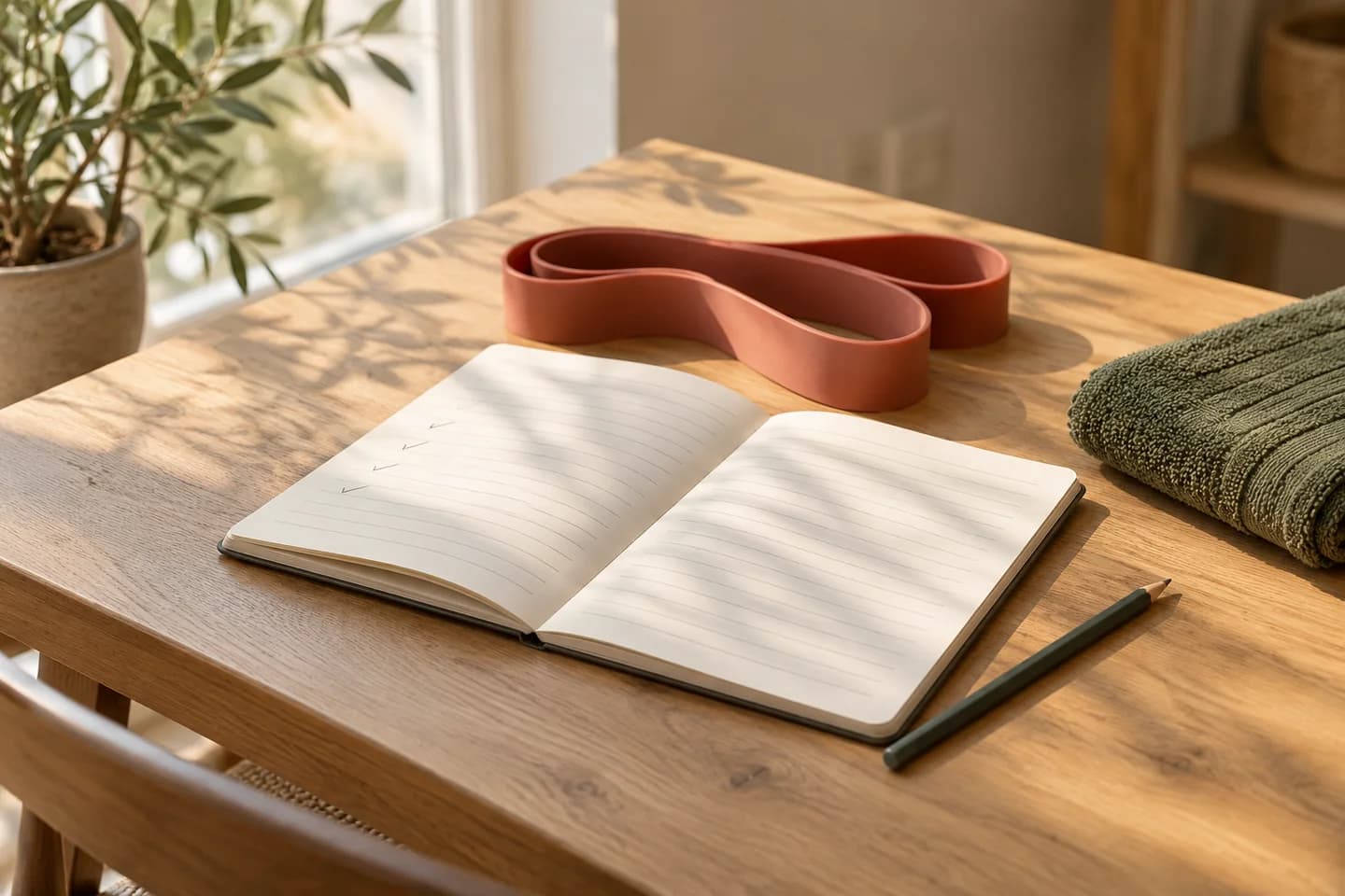 Ahşap masada takip notları için açık defter, kalem ve direnç bandı.